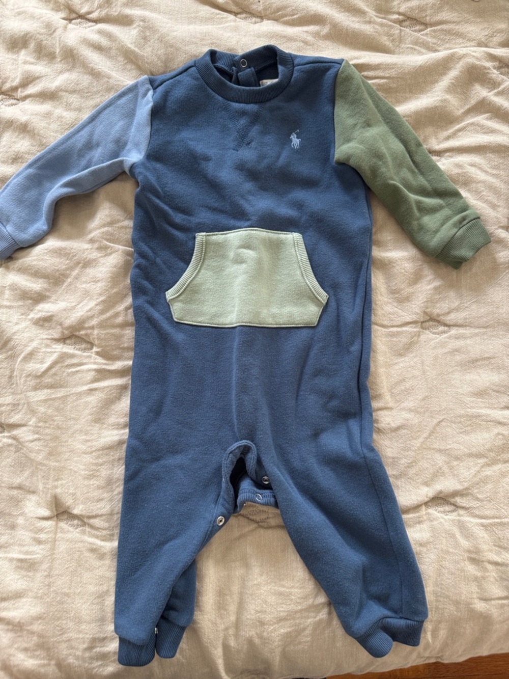 Ralph Lauren Navy Fleece One-Piece with Light Blue and Sage Sleeves